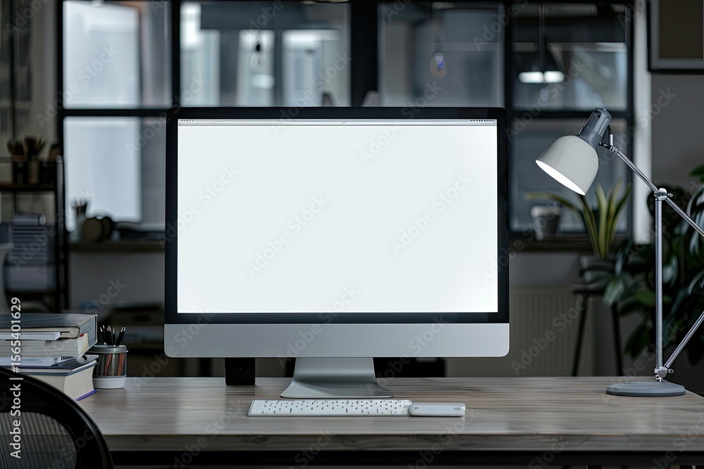 Poster ultra quality image of empty office workplace with table, chair and computer