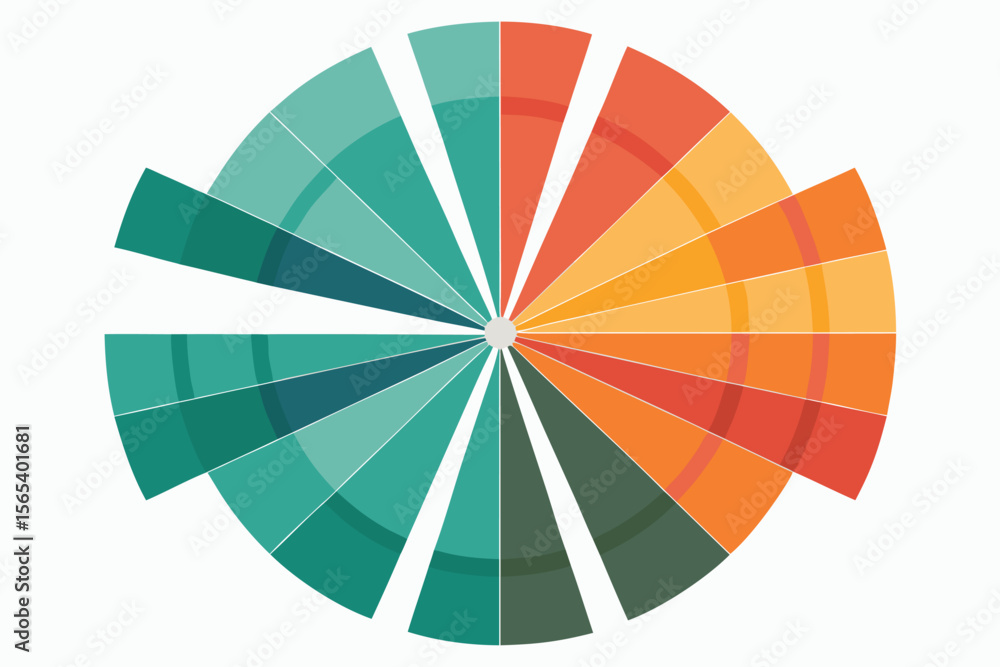 Poster colorful abstract circular design with segmented radiating elements in shades of teal orange and whi