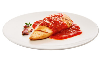 prato com peito de frango grelhado acompanhado de molho de tomates frescos isolado em fundo transparente