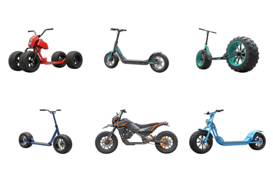 Diverse Scooters Collection: A visually engaging array of scooters showcases a range of designs, from rugged terrain models to sleek urban alternatives.