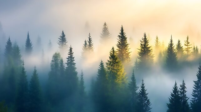 A foggy forest in early morning light, filled with silence and serene beauty