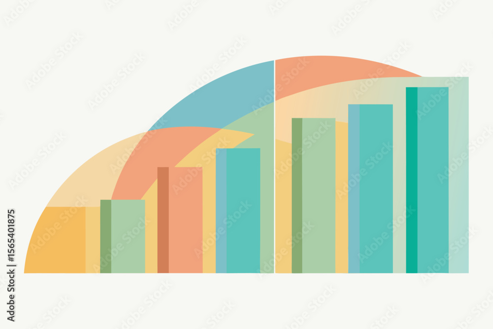 Poster colorful abstract graph chart featuring rising vertical bars and overlapping arcs on a neutral backg