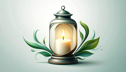 Candle glowing inside a minimalist lantern with green leaves, blending eco aesthetics and calming nature-inspired design.