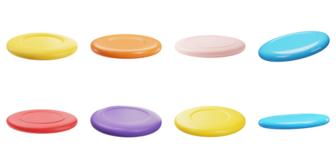 Colorful Frisbees: Vibrant hues of recreational flying discs are displayed in a visually appealing array, exuding a sense of fun, sport, and leisurely activity.