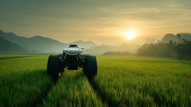 . Futuristic agriculture concept with autonomous tractor painting 2026 on a lush green field at sunrise, symbolizing innovation and progress in farming smart farming, 2026 agricult