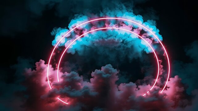 Vibrant neon rings piercing through mystical atmospheric cloud vapor
