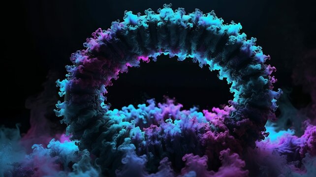 Vibrant cyan magenta abstract swirling torus shape on black - Powered by Adobe