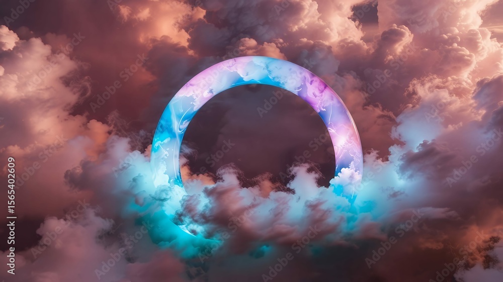 Poster glowing abstract ring floating in dynamic colorful mystical clouds
