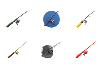 Fishing Rods Collection: A diverse arrangement of fishing rods, capturing a variety of designs, colors and styles, each one poised for the angling adventure that awaits.