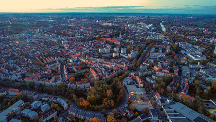 Aerial view of the old town of the city Augsburg in Germany on a late afternoon in autumn