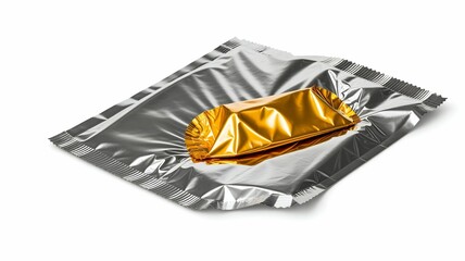 Shiny gold confection inside silver packaging on white surface