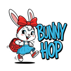 Cheerful Cartoon Little Bunny Hop with Backpack Illustration on White Background