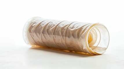 Roll of flatbread wrapped in plastic packaging on white surface