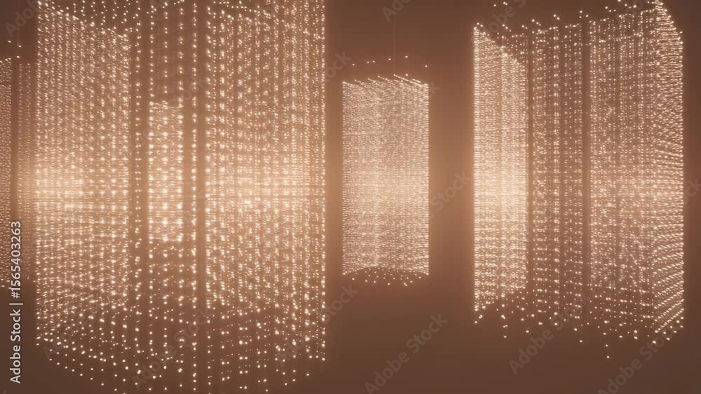 Poster a warm digital abstract background of orange lights forming a matrix-style pattern in 3d space - glo