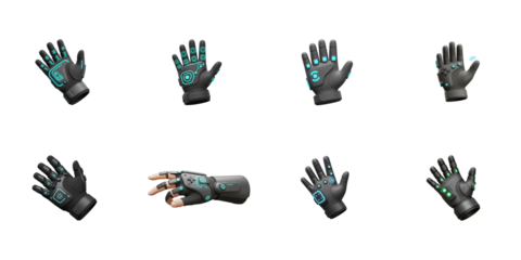 Futuristic Gloves: High-tech, sleek gloves with embedded digital interfaces and glowing circuits showcase innovation and the future of technology.