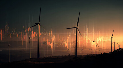 Obraz premium Futuristic landscape of wind energy production visualized with financial data and performance charts at sunset energy forecast, sustainable economy, climate tech, green transition,