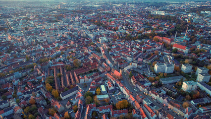 Aerial view of the old town of the city Augsburg in Germany on a late afternoon in autumn