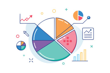 Colorful infographic illustrating financial data analysis with pie charts and business growth elements