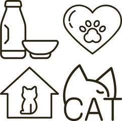 Fototapeta premium Collection of simple outline icons representing cat care and love