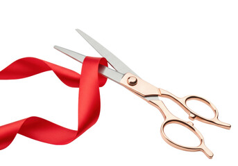 Sharp metallic scissors with rose gold handles cutting a vibrant red satin ribbon, transparent background, ample copy space, no shadows, bright studio lighting, high-angle close-up, concept of new