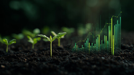 Green shoots emerging from soil with futuristic financial graph projection, symbolizing innovation and eco investment eco innovation, financial analytics, sustainability growth, gr