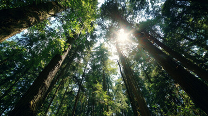 Sunlight filtering through tall tree trunks in a verdant forest, rich green hues, immersive perspective from forest floor sunbeam forest, upward view trees, natural sunlight, green