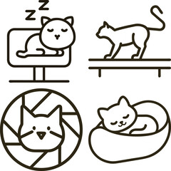 Fototapeta premium Set of four simple line art icons depicting cats in various activities and sleeping positions