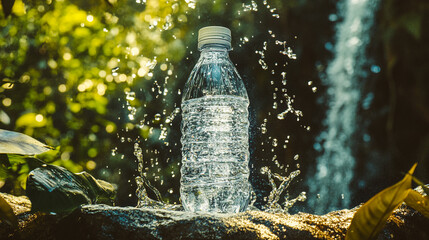 A water bottle sits in a stream, with water splashing next to a waterfall. A refreshing water bottle sits in a stream, with water droplets splashing around, next to a waterfall.