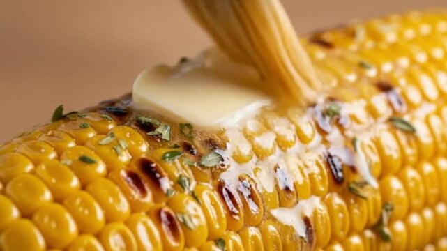 Close up of a corn on the cob being brushed with butter and garnished with herbs on a wooden surface