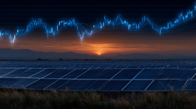 Solar panel field with stock market chart overlay, renewable energy financial trends, photovoltaic investment analysis, green economy technology, energy sector visualization, clima