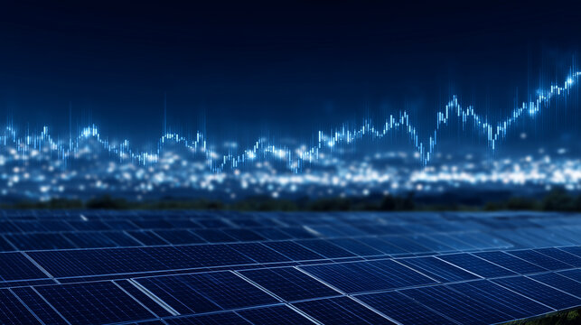 Futuristic financial chart overlay on solar power field, clean energy market growth, renewable energy investment, green tech analytics, sustainable finance, solar stocks data, eco-