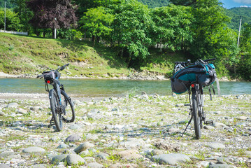 bike stands on in the field. A mountain bike stands on a field path. outdoor cycling activities....