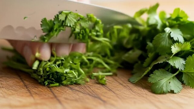 Close up of a knife chopping fresh cilantro on a wooden cutting board in a kitchen environment view