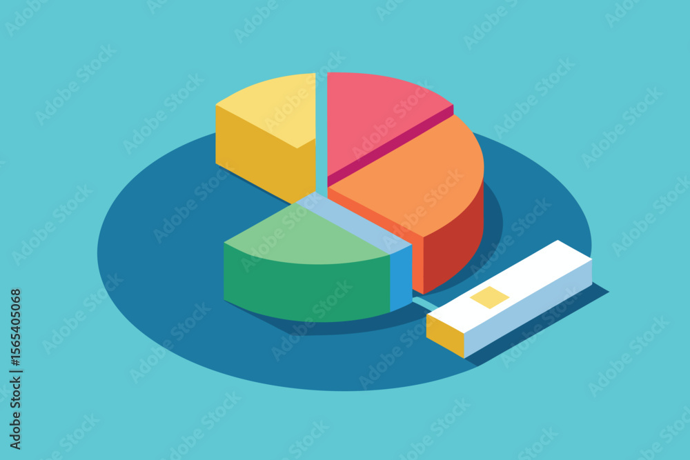 Poster isometric view of a colorful pie chart representing data analysis and statistics on turquoise backgr
