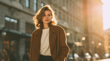 Fototapeta premium Stylish young woman in a brown coat walking confidently through the city at golden hour, sunlight in the background urban fashion, golden hour, brown coat, modern elegance, city li