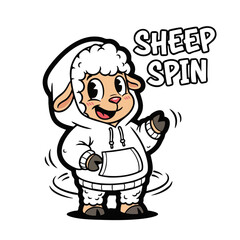 Cartoon Style Illustration of a Cheerful Sheep Character Spinning around Happy