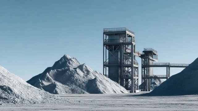 Industrial mining site featuring large piles of raw material and metal structures with processing towers clear blue sky