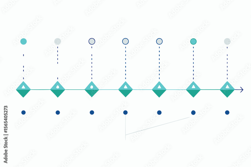 Poster minimalist graphic representing progress timeline with diamond and dot elements on white background