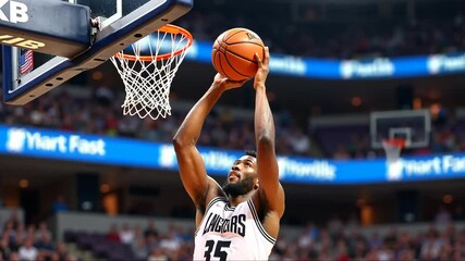 Professional basketball player in action, making a layup during an intense game in a packed arena. Concept of sports, competition, and athleticism. - Powered by Adobe