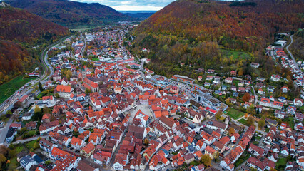 Aerial view of the old town of the city Bad Urach in Germany on a sunny afternoon in autumn