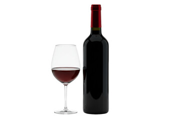 Sleek dark glass bottle with red wine and foil cap, beside an elegant stemmed glass filled halfway with red wine, all on a reflective white surface against a transparent studio background without