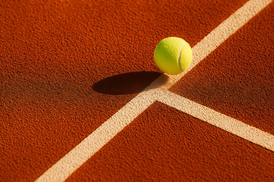 A tennis ball resting on a red clay court with white lines casting a shadow on a sunny day game match