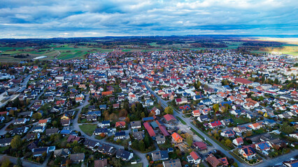 Aerial view of the old town of the city Laichingen
 in Germany on a sunny afternoon in autumn