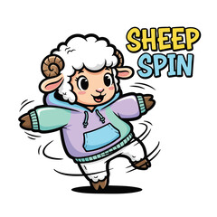 Cute Cartoon Style Sheep Spinning Illustration Design with Text on White Background