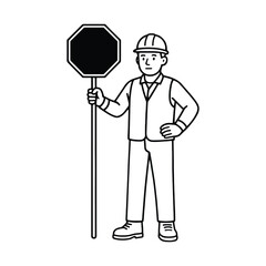 Construction worker holding a stop sign wearing helmet and safety vest in vector style