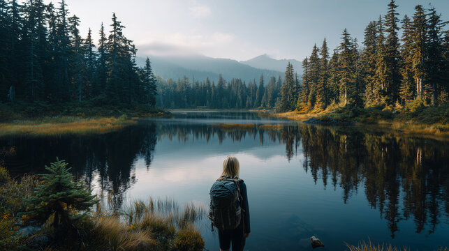 Young woman hiking alone near a calm lake surrounded by coniferous trees and mountain air forest adventure, mountain backpacking, serene vibes, hiking enthusiasm, sunrise light, la