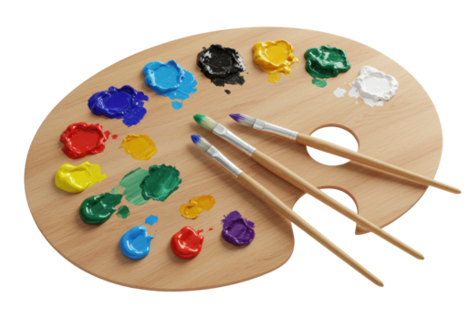 Wooden oval artist's palette with vibrant oil paints in textured dabs (blue, purple, green, red, yellow, pink, brown, white) and three paintbrushes resting on it, isolated on a transparent background