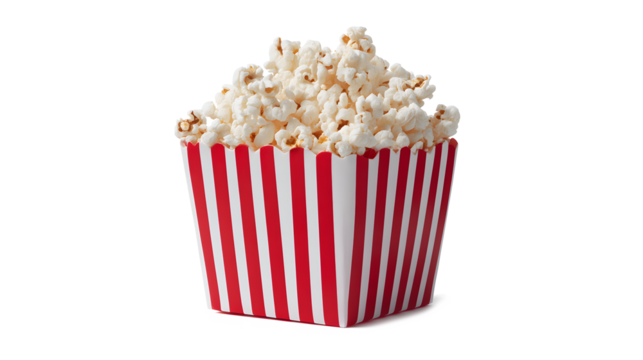 Popcorn in a red and white cardboard box for cinema isolated on a white background