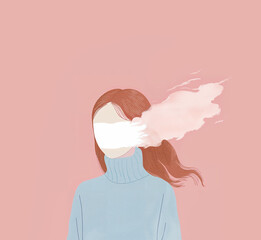 Young woman without a face or mouth. Mental health and loneliness concept.