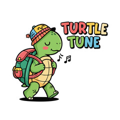 Cartoon Handdrawn Happy Turtle Character Walking with Backpack Illustration